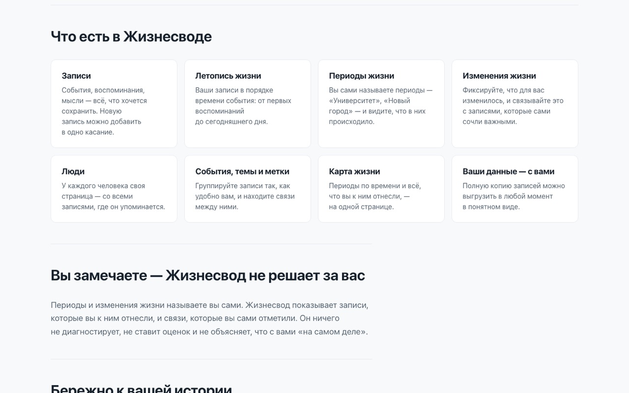 Возможности: записи, летопись, периоды, люди, карта жизни